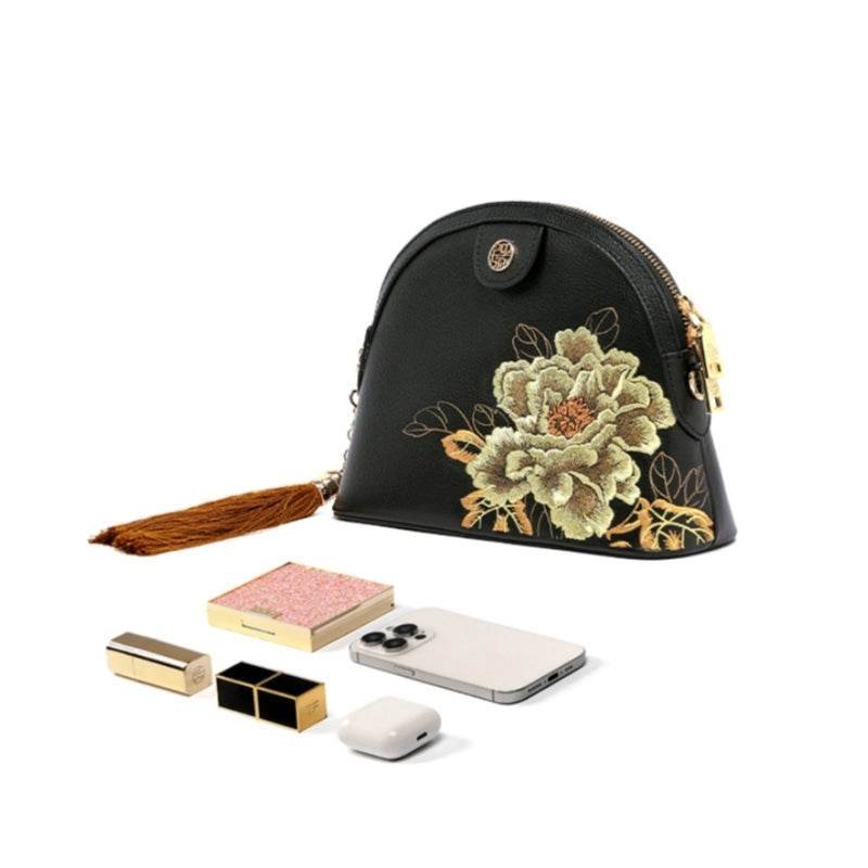 Embroidery Leather Shoulder Bag High Luxury Royal Gold Peony – Image 6