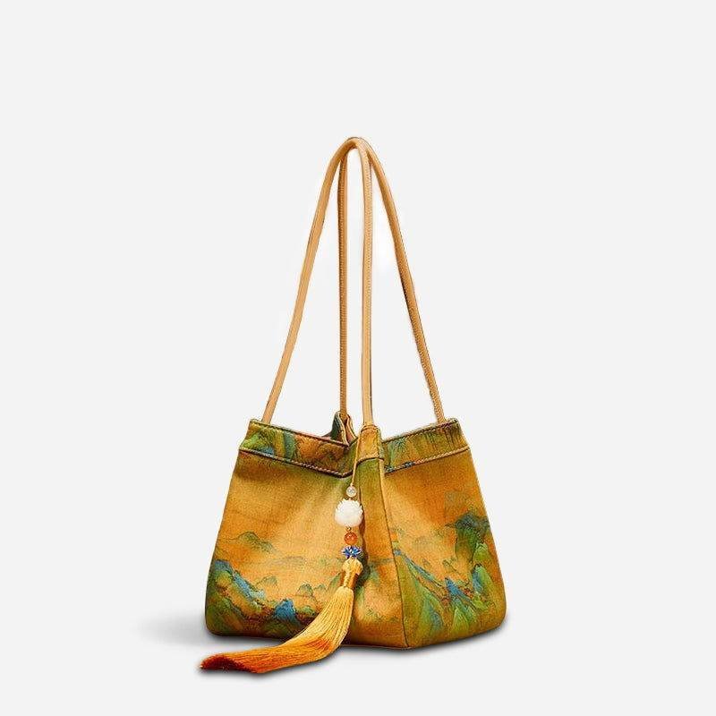 Chinese Painting Mulberry Silk Bucket Bag Vintage Handbag – Image 9