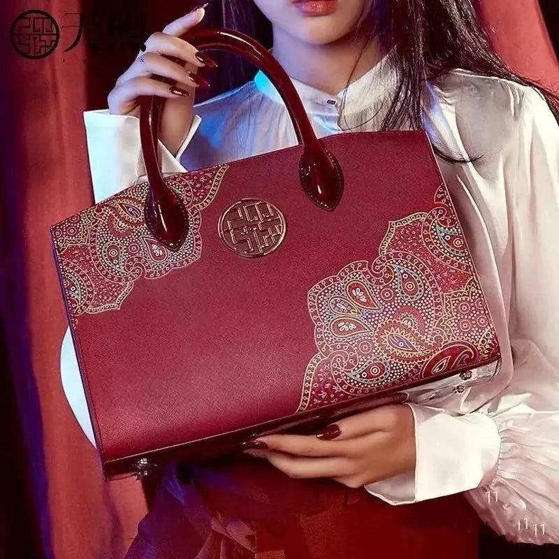 Chinese Style Leather Red Tote Bag Women's Wedding Handbag - Image 2