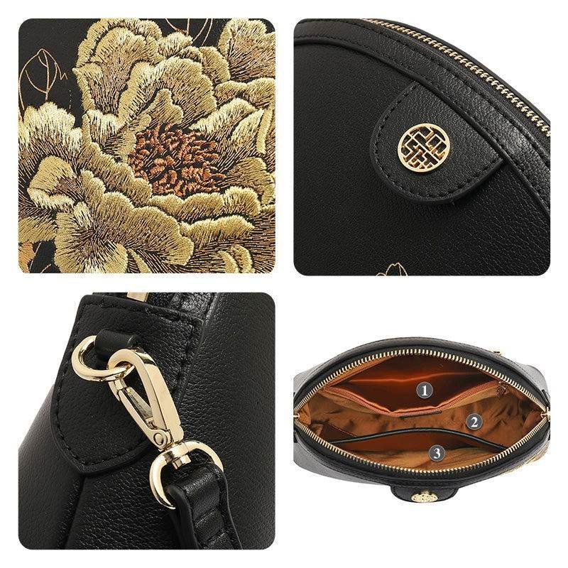 Embroidery Leather Shoulder Bag High Luxury Royal Gold Peony – Image 7