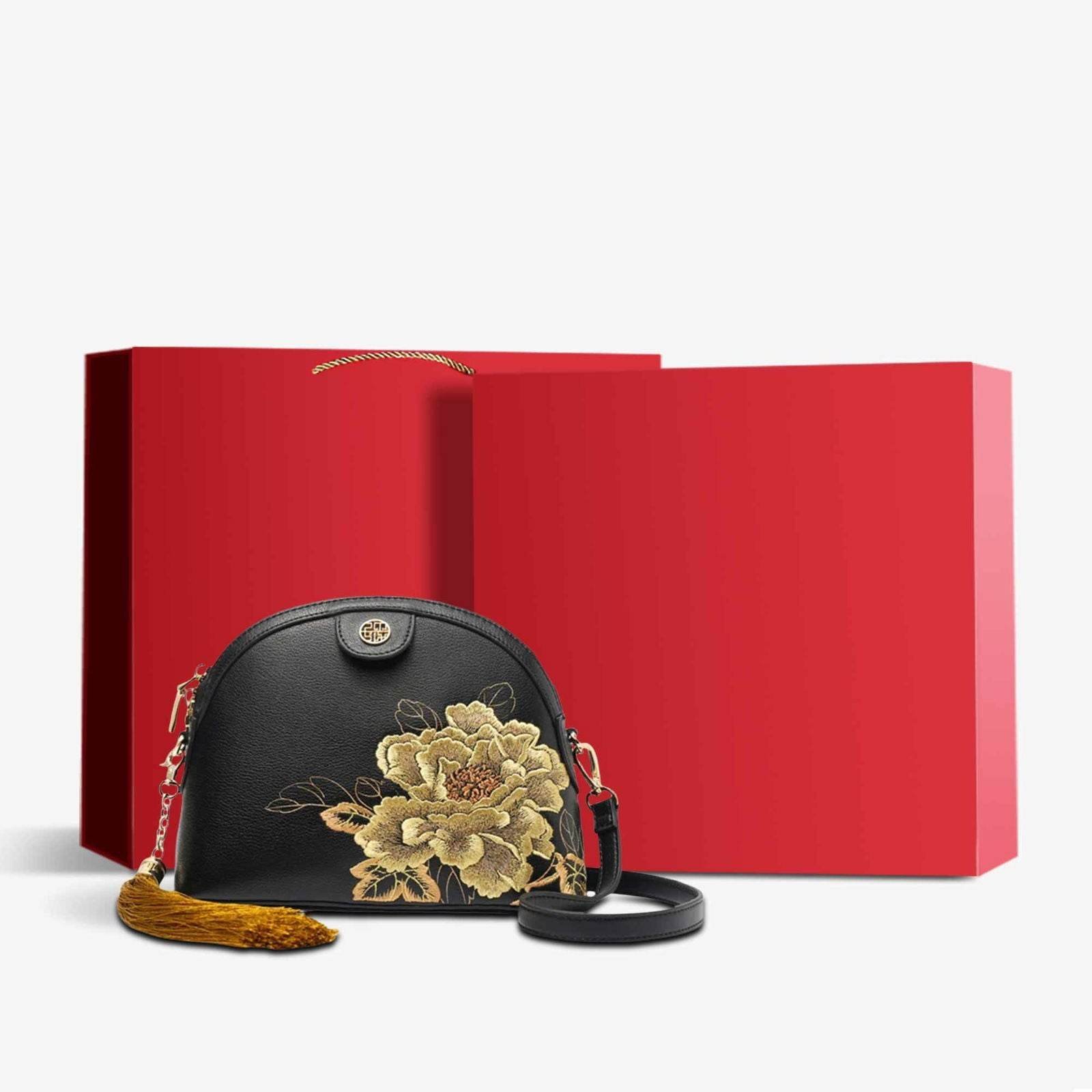 Embroidery Leather Shoulder Bag High Luxury Royal Gold Peony – Image 12