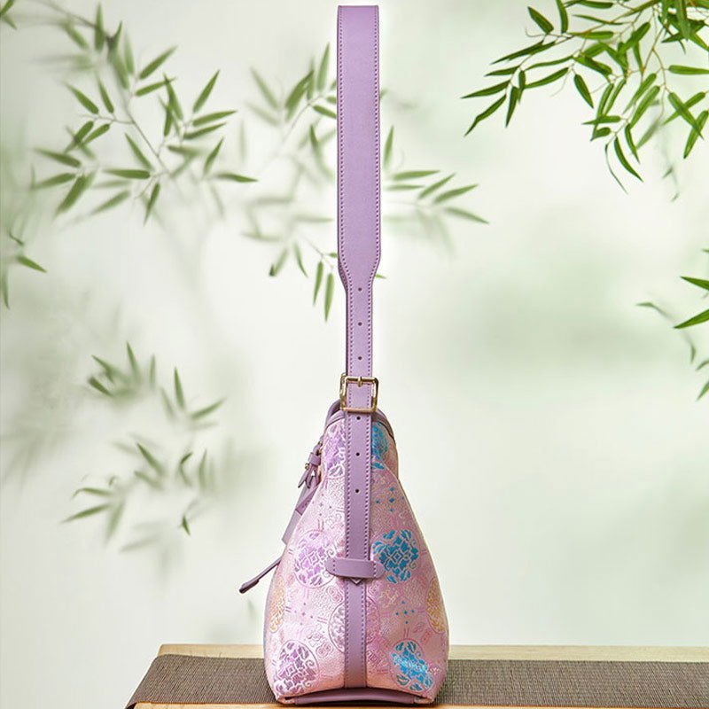 Handcraft Brocade Jacquard Purple"Tuanhua”Chinoiserie Royal Tote Bag – Image 6