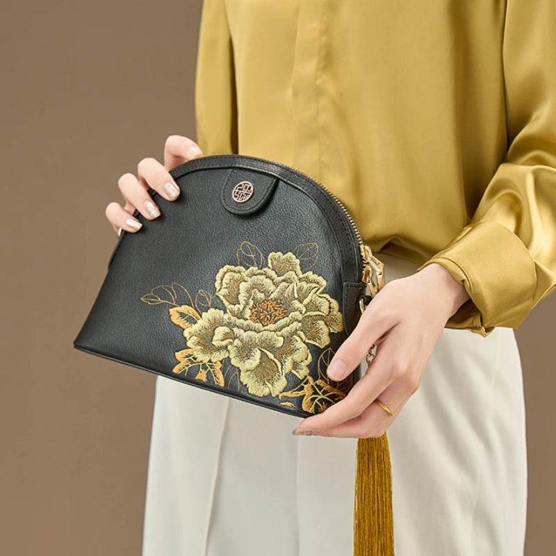 Embroidery Leather Shoulder Bag High Luxury Royal Gold Peony – Image 2