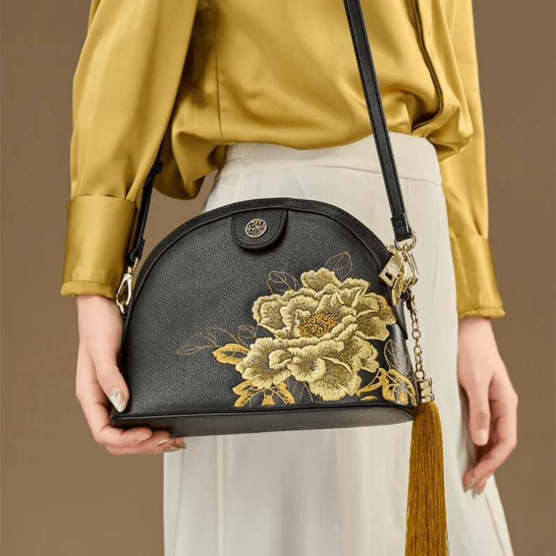 Embroidery Leather Shoulder Bag High Luxury Royal Gold Peony – Image 4