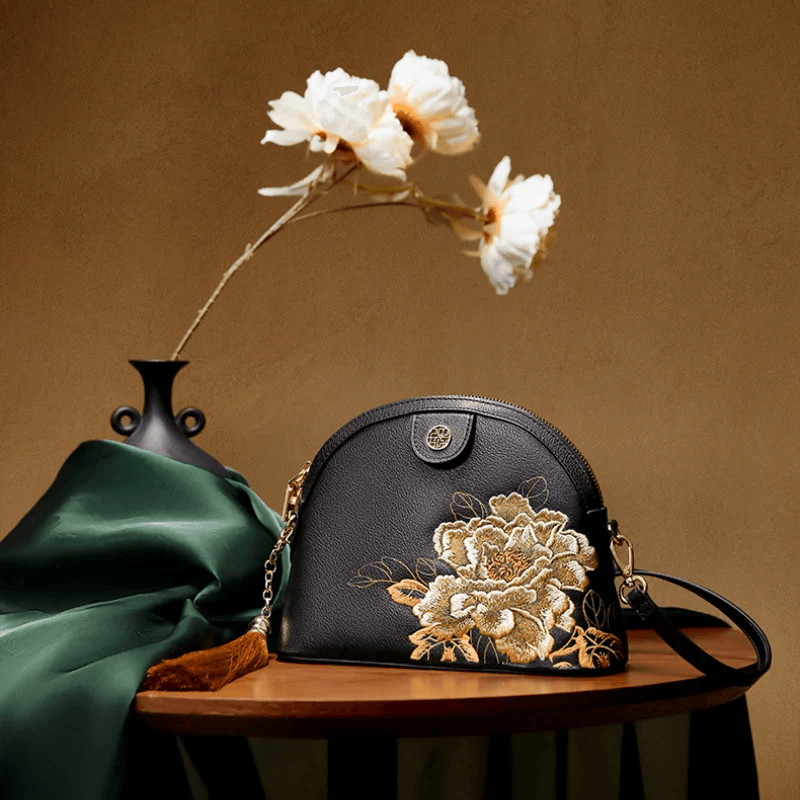 Embroidery Leather Shoulder Bag High Luxury Royal Gold Peony – Image 5